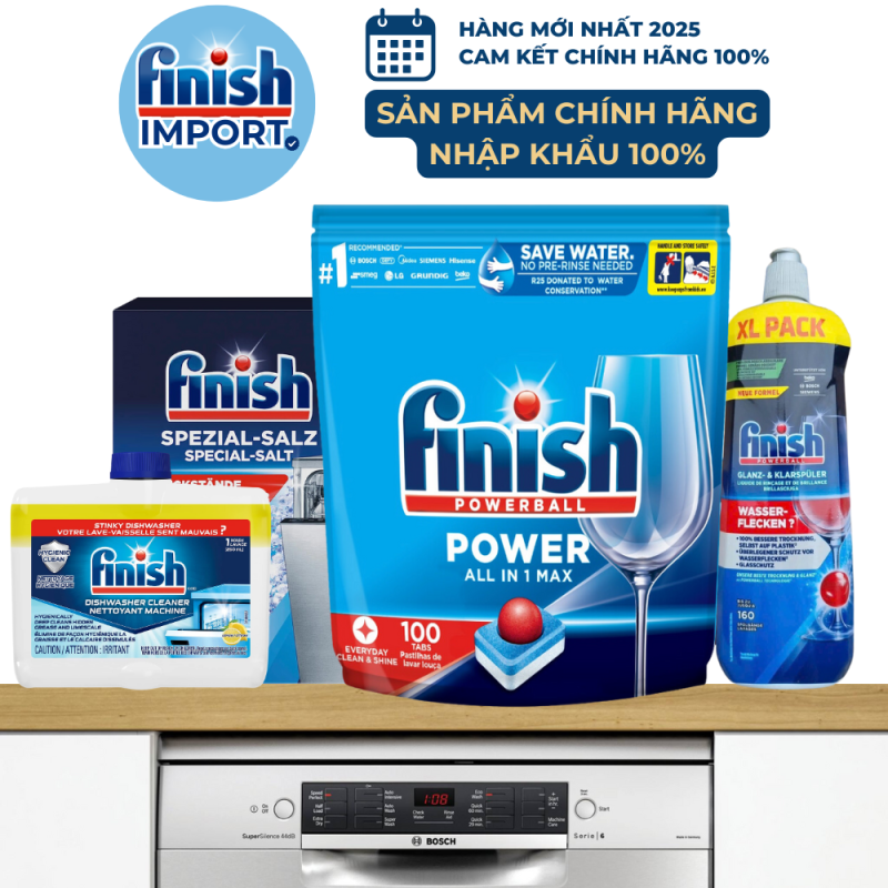 (Combo 4 món Tiết Kiệm) 1 Túi 100 viên rửa chén Finish All in 1 + 1 Chai 800ml Finish + 1 Hộp 1,5Kg muối Finish (Làm mềm nước) + 1 Vệ sinh máy Finish 250ml